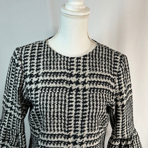 ZARA WOMAN Black White Houndstooth Bell Sleeve Shift Dress Size M - Picture 3 of 10